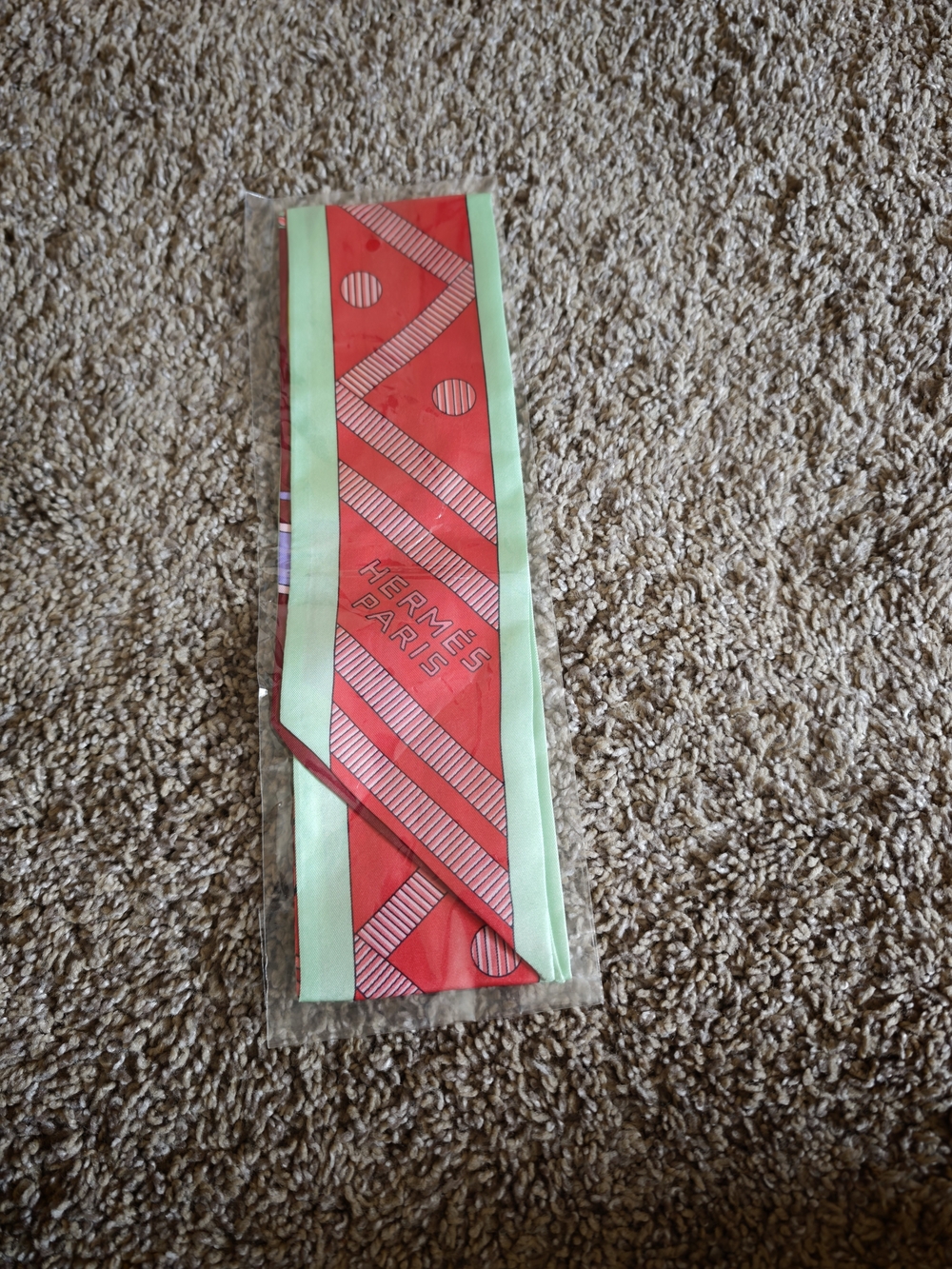 Hermes Red and Mint Silk Twilly Scarf
